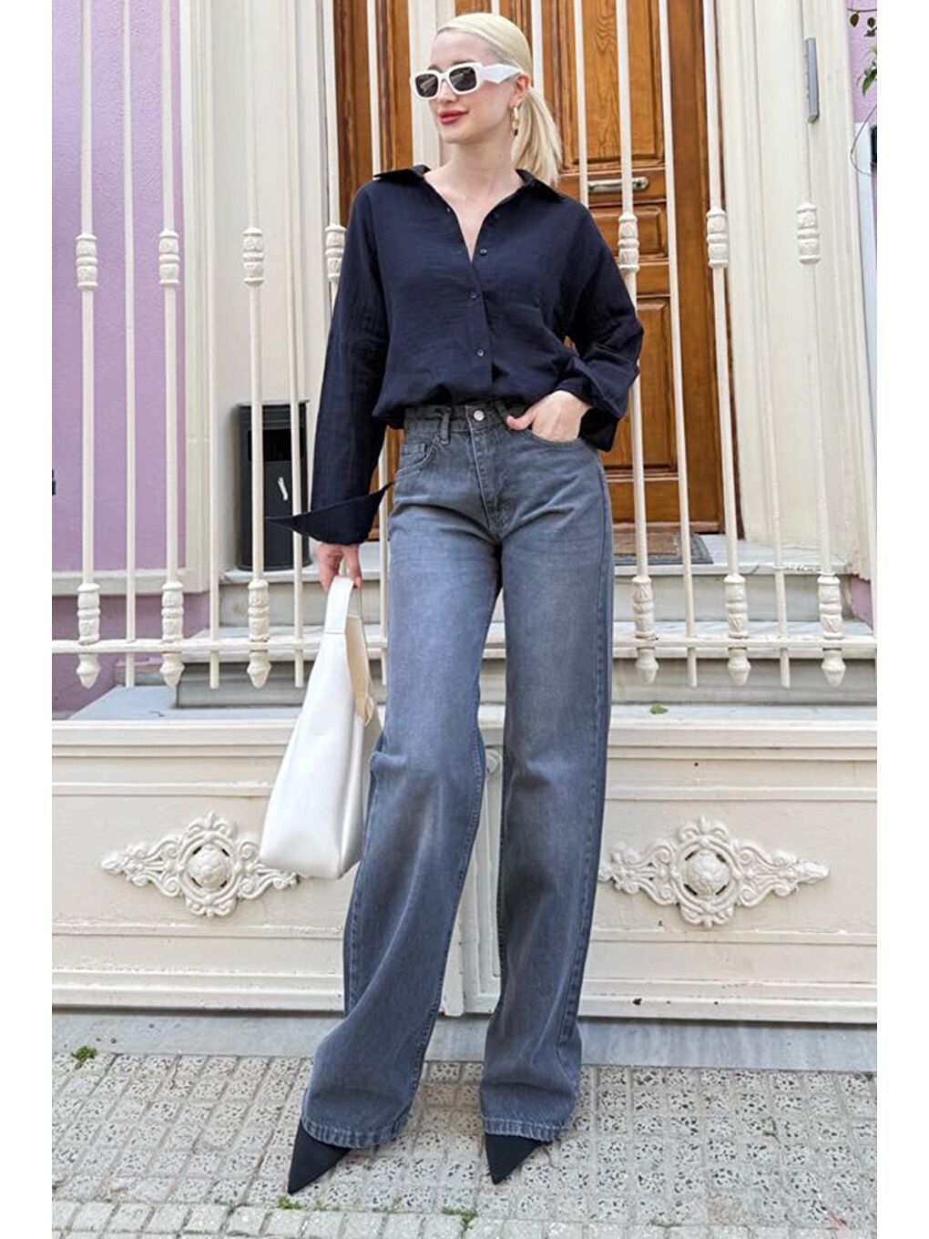 Gri Yüksek Bel Kadın Wide Leg Pantolon Mg2388-1