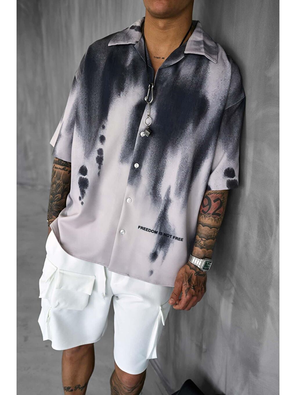 Erkek Süper Oversize Kısa Kollu Desenli Gömlek Siyah-6