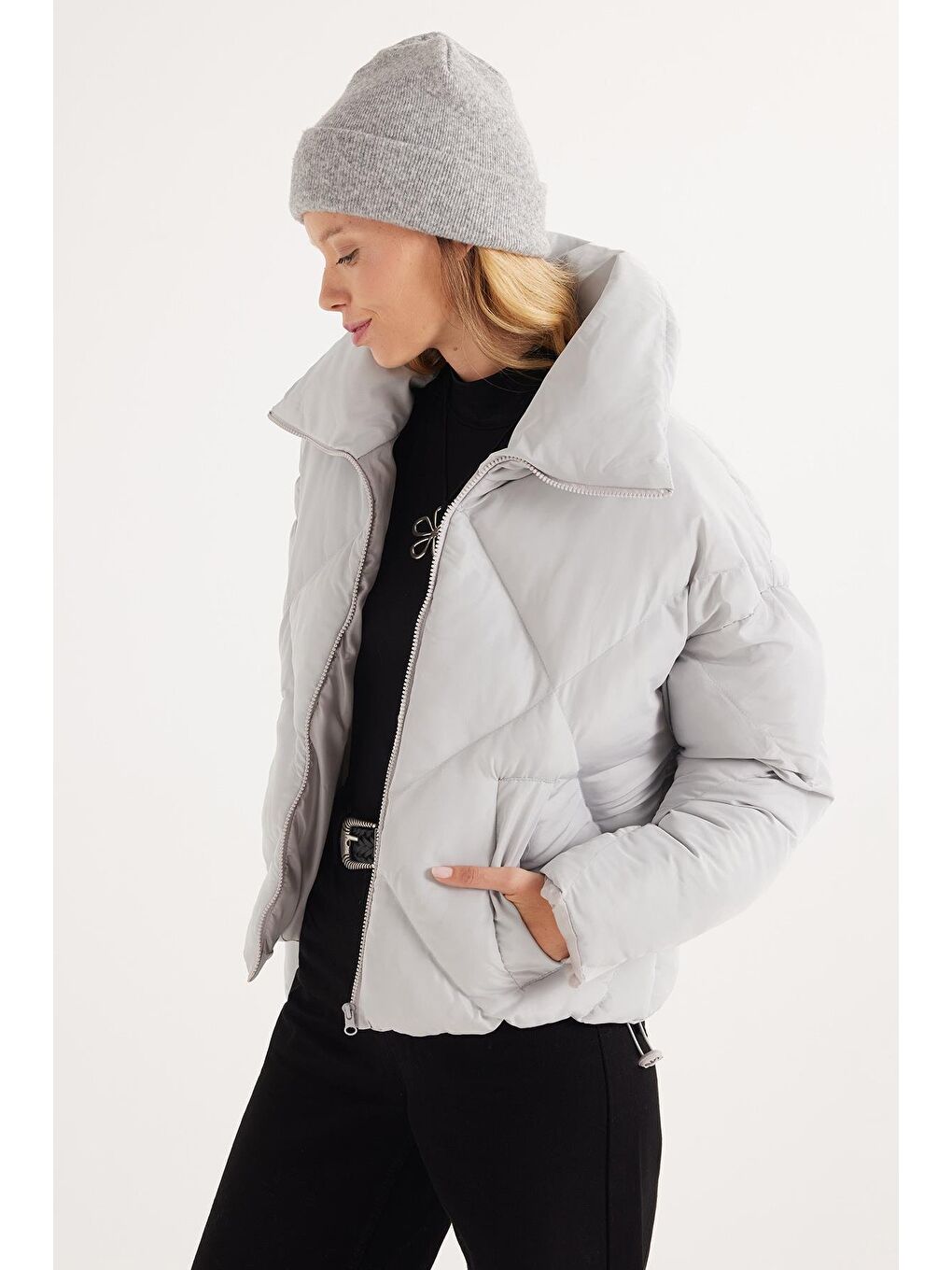 Kadın Oversize Geniş Kesim Şişme Dik Yaka Gri Mont-4