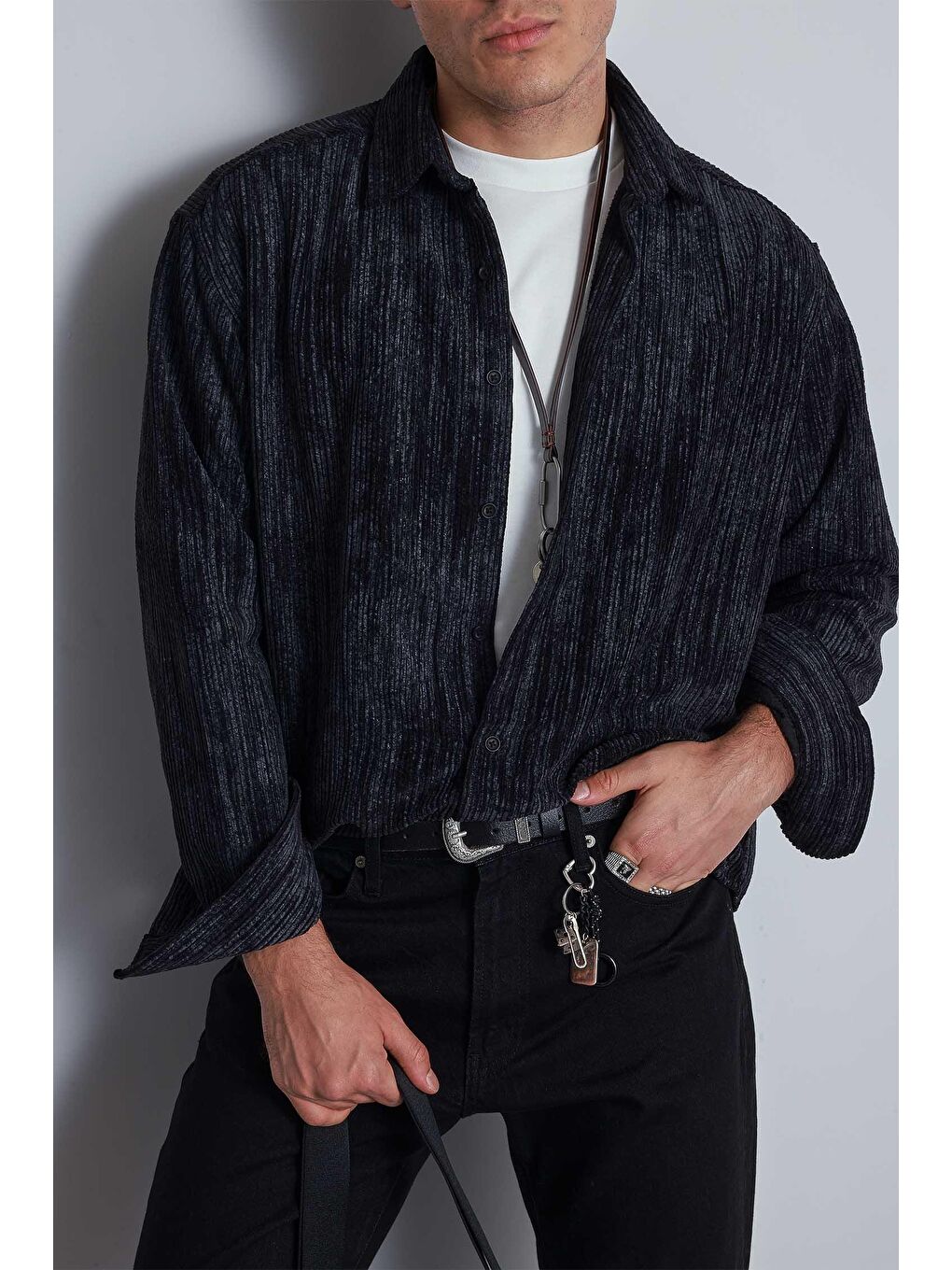 Erkek Oversize Kadife Dokulu Gömlek Siyah