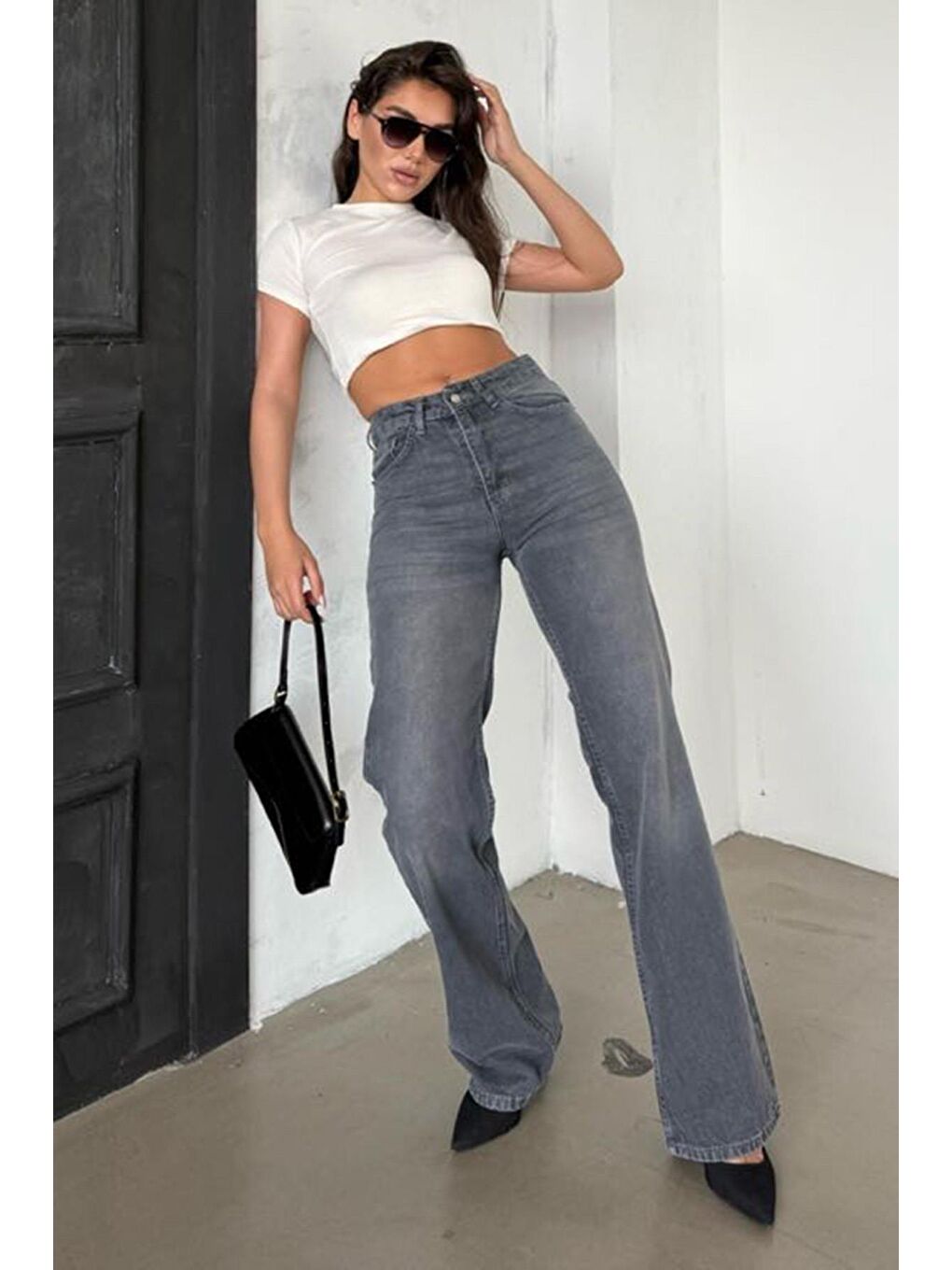 Gri Yüksek Bel Kadın Wide Leg Pantolon Mg2388-3