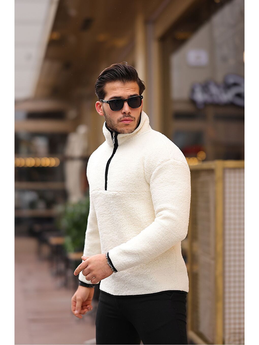 Ekru Yarım Fermuarlı Pelüş Sweatshirt-2