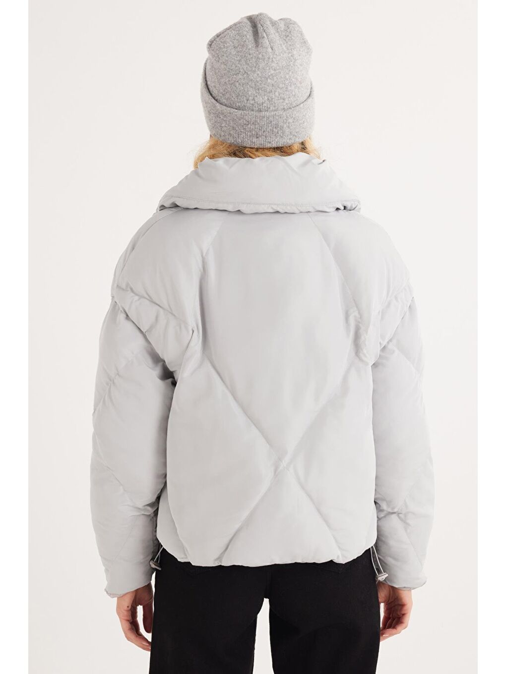 Kadın Oversize Geniş Kesim Şişme Dik Yaka Gri Mont-6