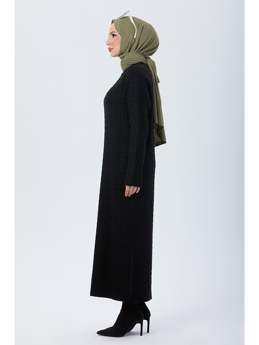 Bisiklet Yaka Kadın Siyah Triko Elbise - 24118-2