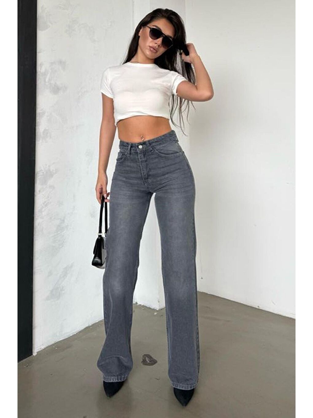 Gri Yüksek Bel Kadın Wide Leg Pantolon Mg2388-6