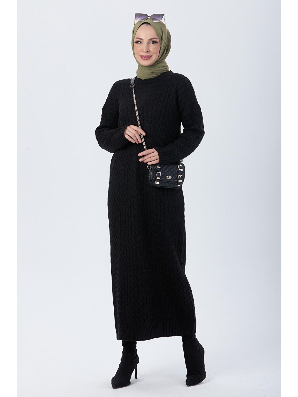 Bisiklet Yaka Kadın Siyah Triko Elbise - 24118-3