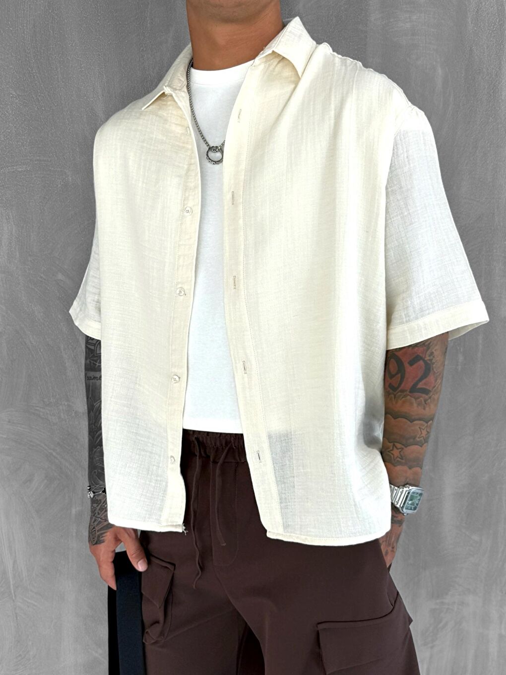 Erkek Oversize Kısa Kollu Müslin Gömlek Bej