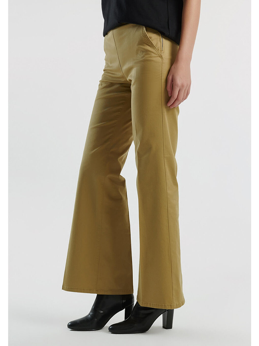 Sarı Kadın Hardal Pamuk Karışımlı Rahat İspanyol Paça Pantolon-1