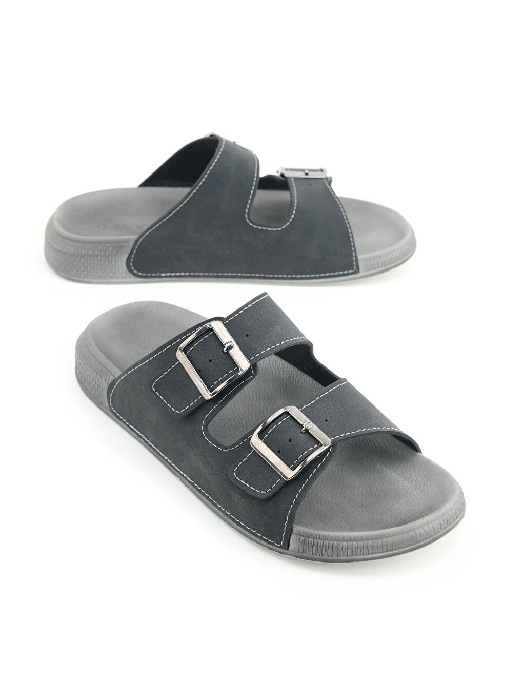 Siyah Erkek Yazlık Suni Deri İki Toka Ayarlanabilir Rahat Taban Günlük Terlik