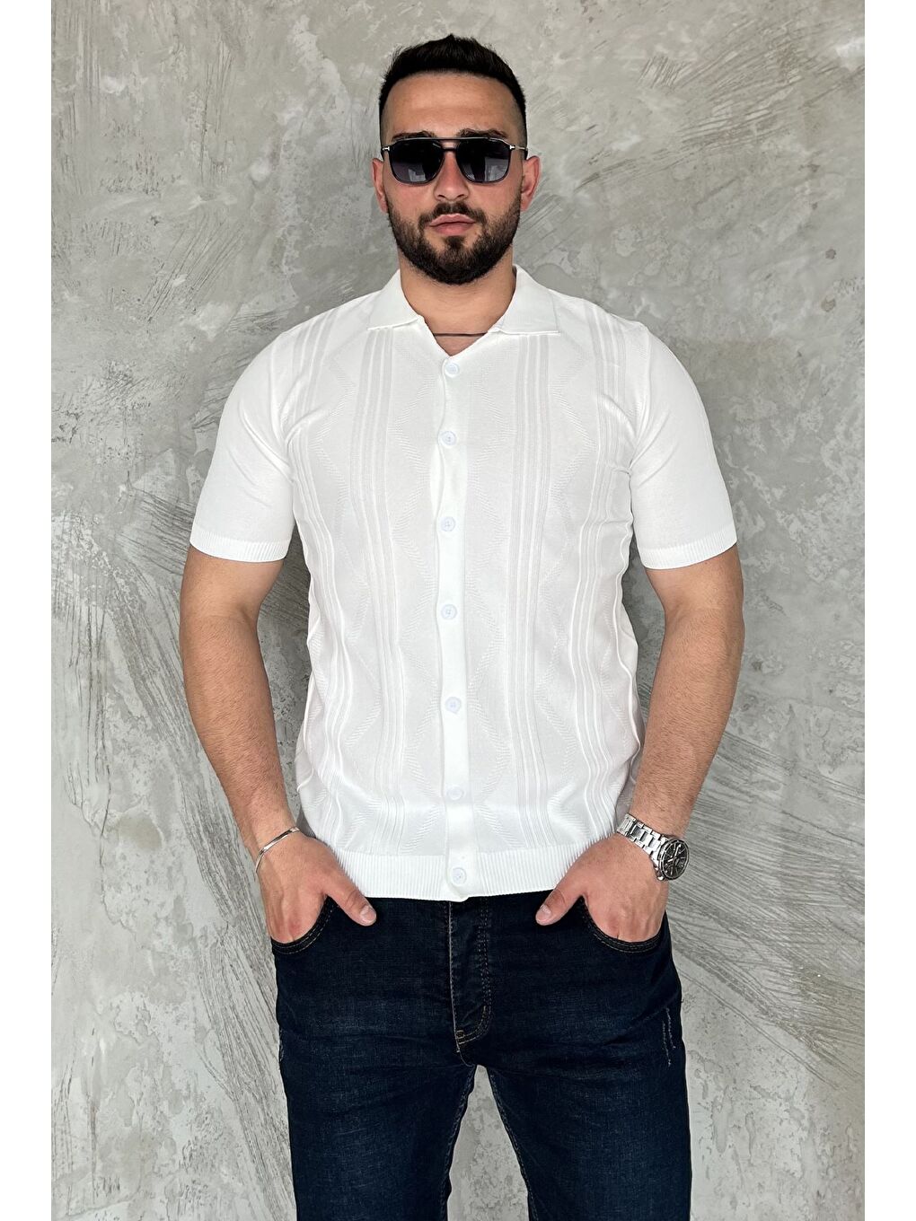 Beyaz Erkek Desenli Kısa Kol Triko Gömlek