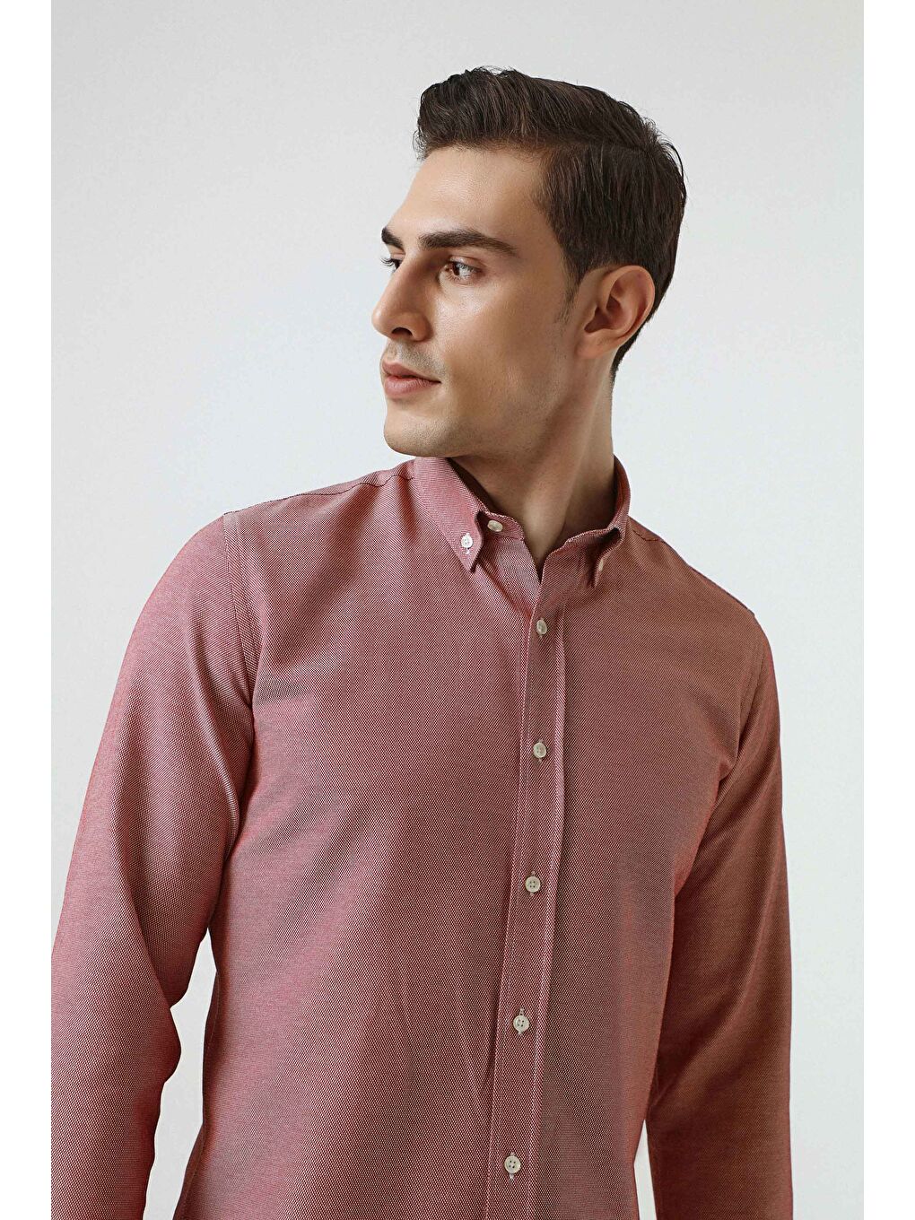 Slim Fit Kırmızı Armürlü Düğmeli Yaka Pamuklu Gömlek
