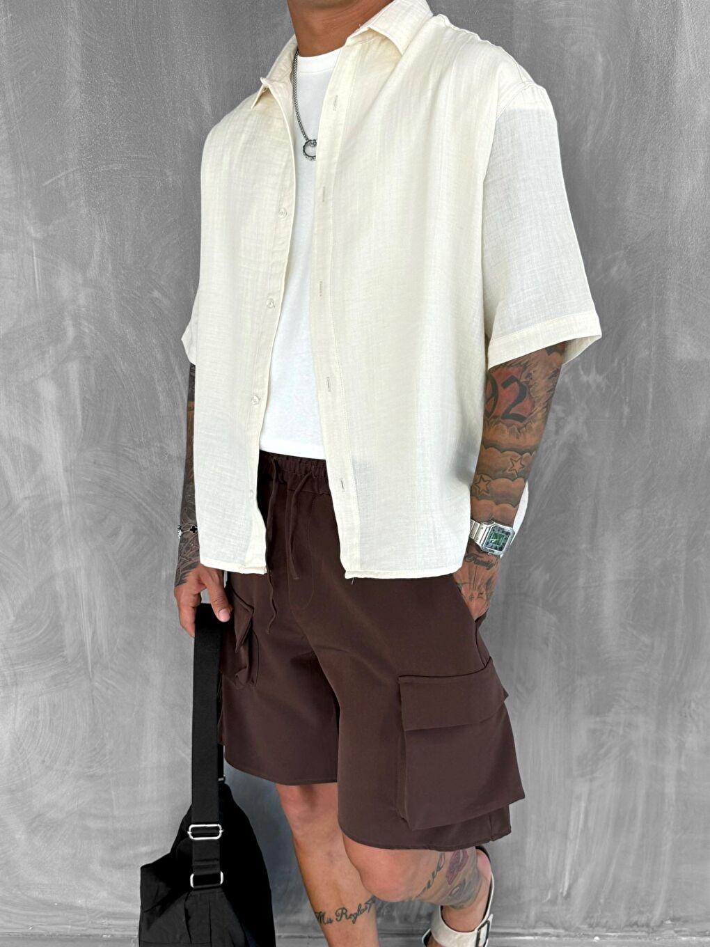 Erkek Oversize Kısa Kollu Müslin Gömlek Bej-1