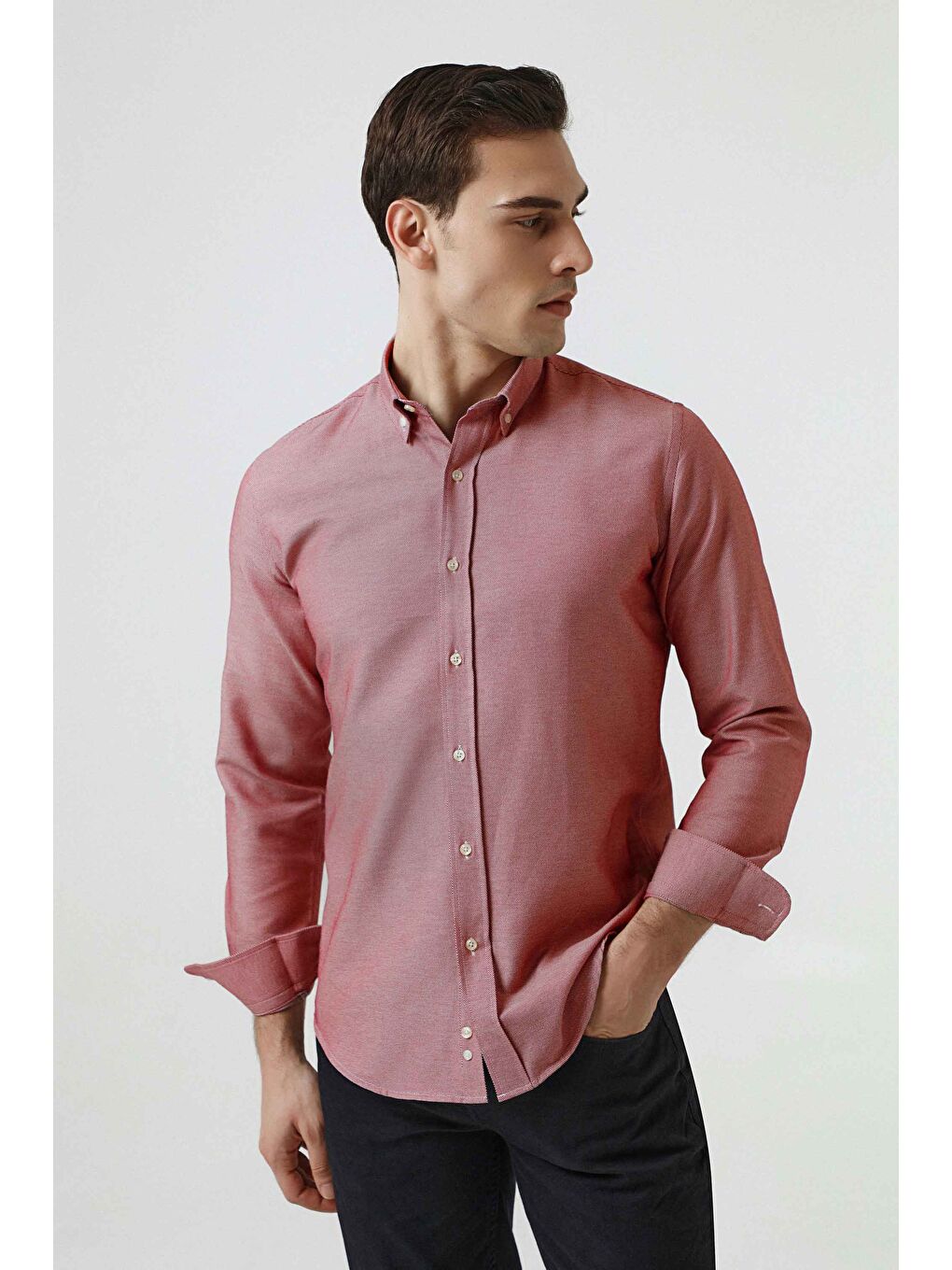 Slim Fit Kırmızı Armürlü Düğmeli Yaka Pamuklu Gömlek-1