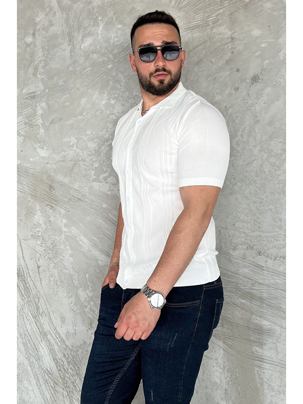 Beyaz Erkek Desenli Kısa Kol Triko Gömlek-1