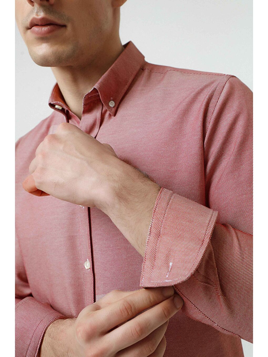 Slim Fit Kırmızı Armürlü Düğmeli Yaka Pamuklu Gömlek-2