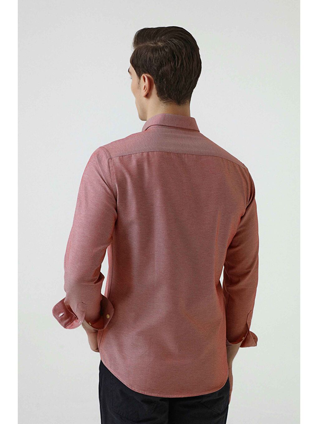 Slim Fit Kırmızı Armürlü Düğmeli Yaka Pamuklu Gömlek-3