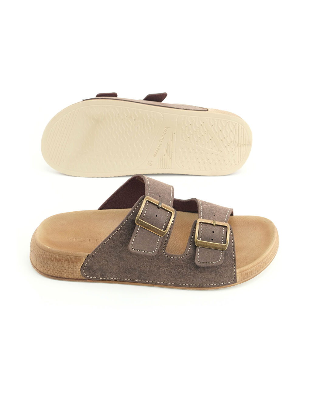 Kahverengi Erkek Yazlık Suni Deri İki Toka Ayarlanabilir Rahat Taban Günlük Terlik-4