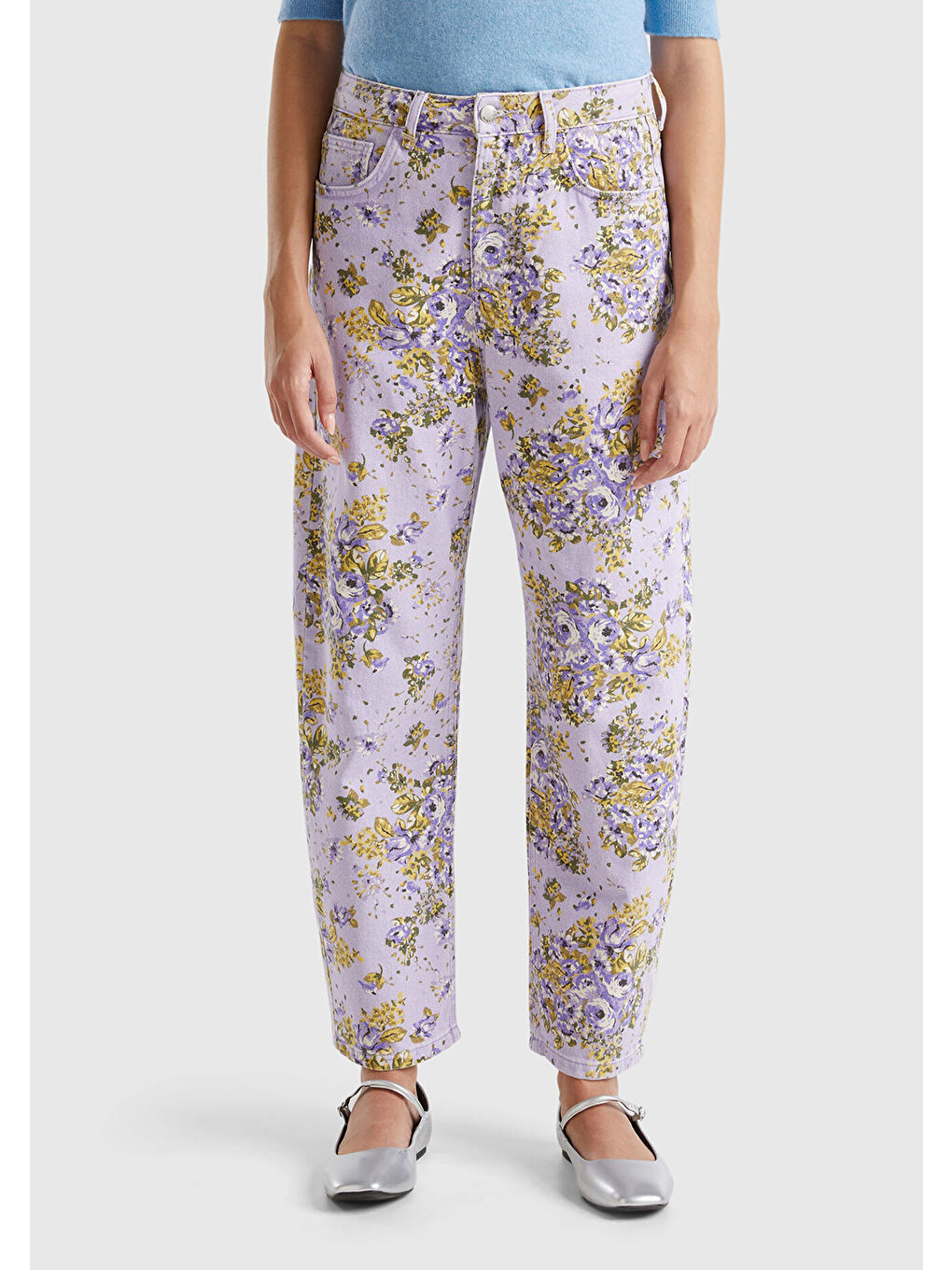 Kadın Lila %100 Pamuk Tamamı Çiçek Desenli 5 Cepli Balon Pantolon-1