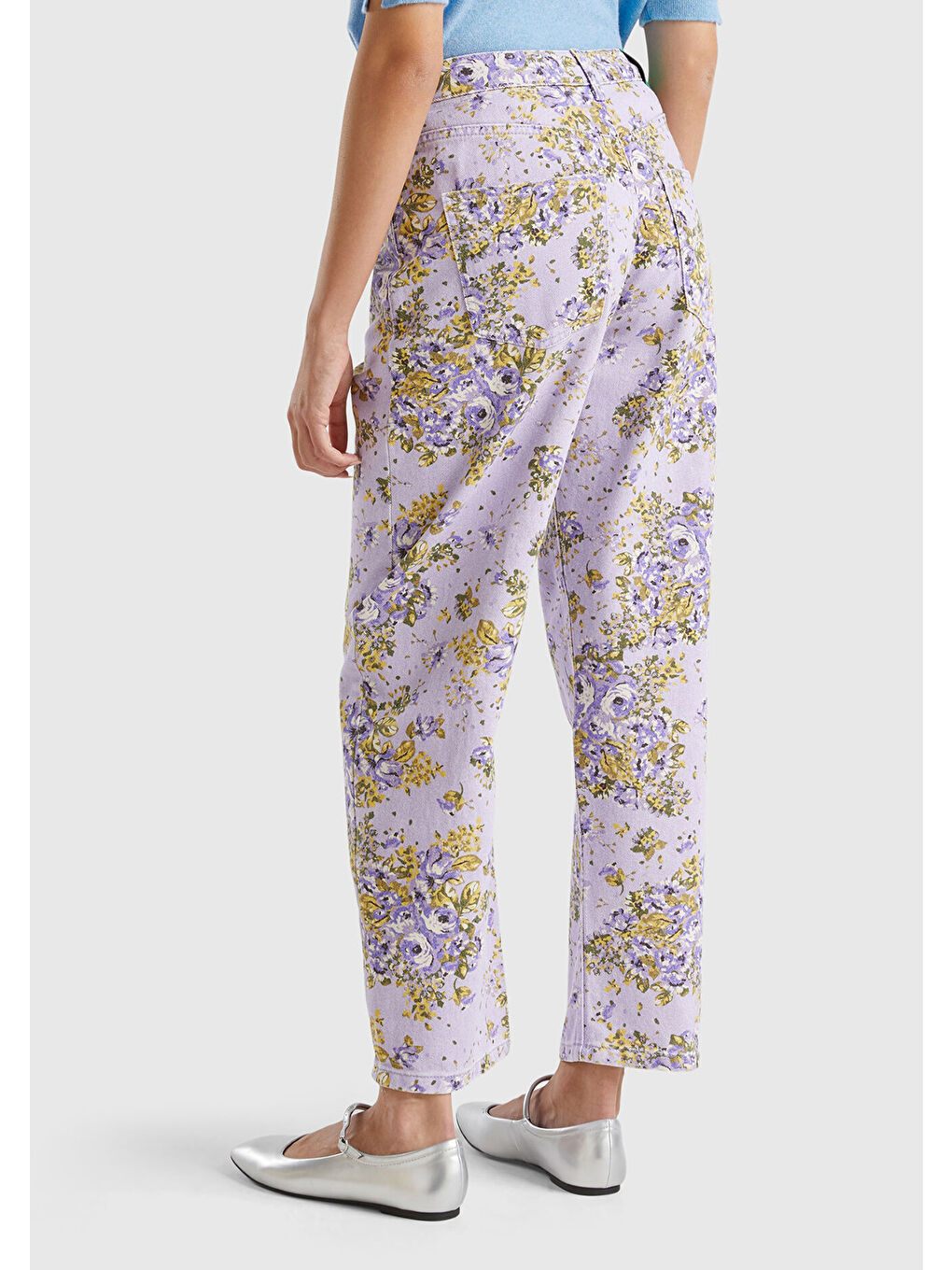 Kadın Lila %100 Pamuk Tamamı Çiçek Desenli 5 Cepli Balon Pantolon-2