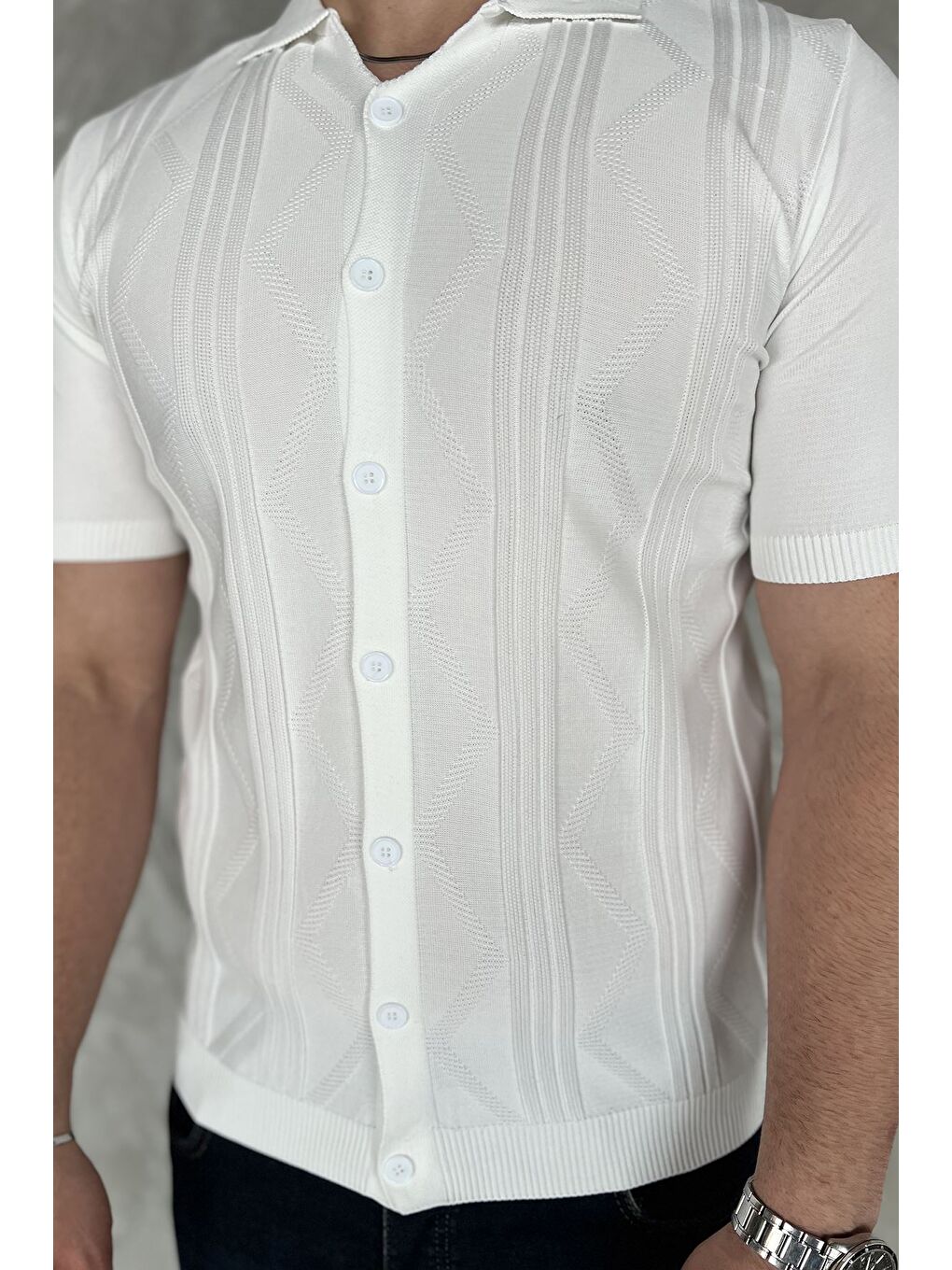 Beyaz Erkek Desenli Kısa Kol Triko Gömlek-3