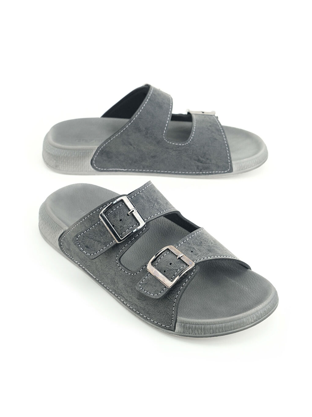 Gri Erkek Yazlık Suni Deri İki Toka Ayarlanabilir Rahat Taban Günlük Terlik