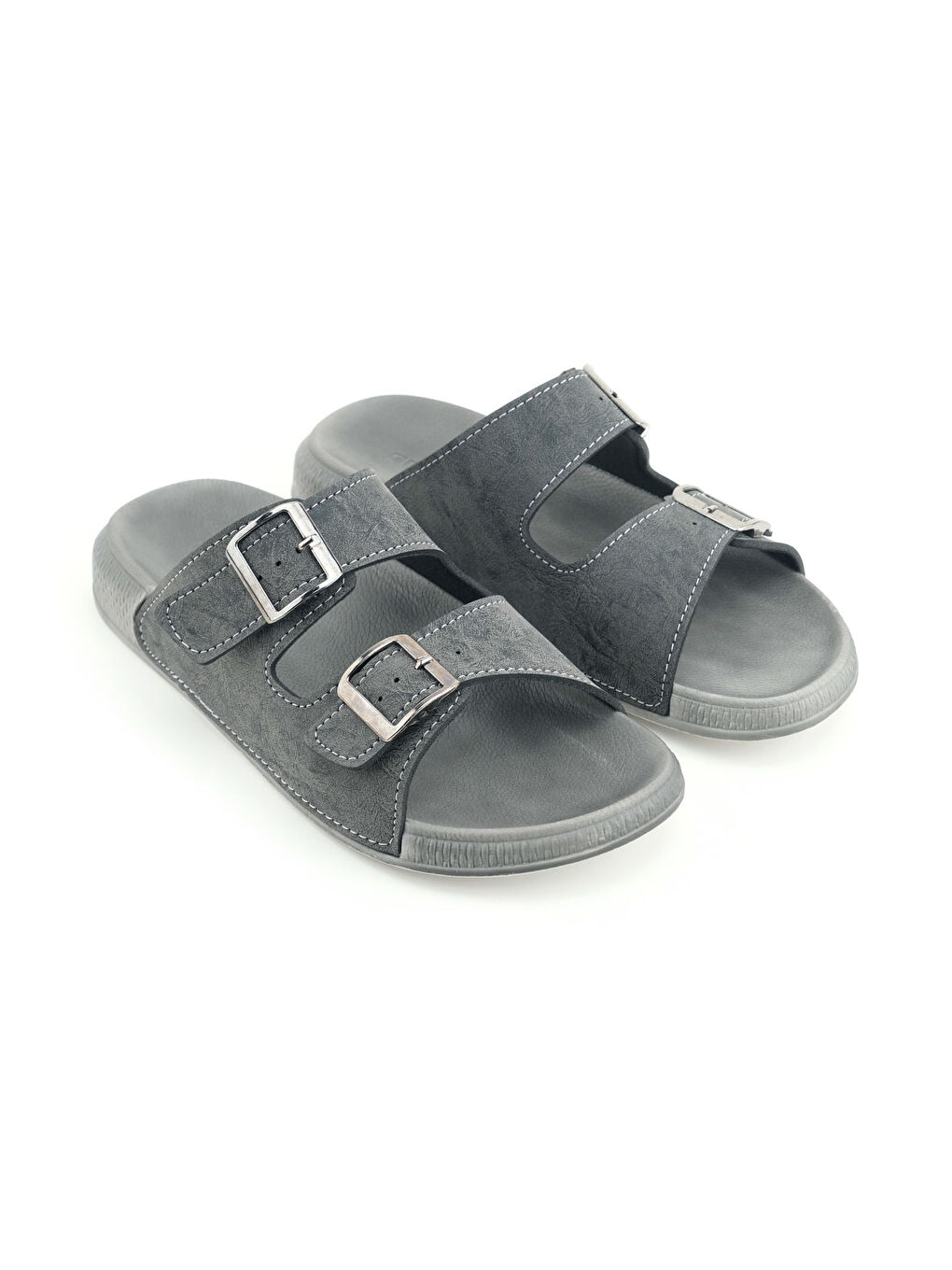 Gri Erkek Yazlık Suni Deri İki Toka Ayarlanabilir Rahat Taban Günlük Terlik-2