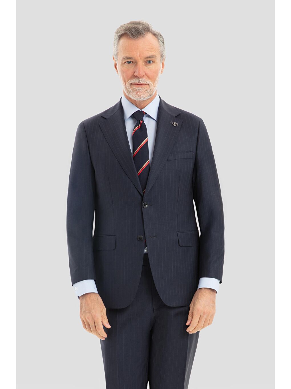 Erkek Lacivert Slim Fit Mono Yaka Çizgili 6 Drop Yün Karışımlı Takım Elbise