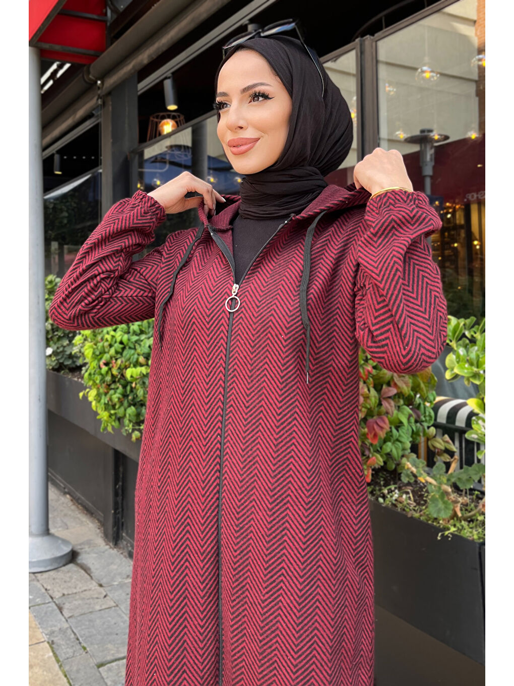 Zikzak Desenli Fermuarlı Jakar Kap Bordo - 27813-BORDO