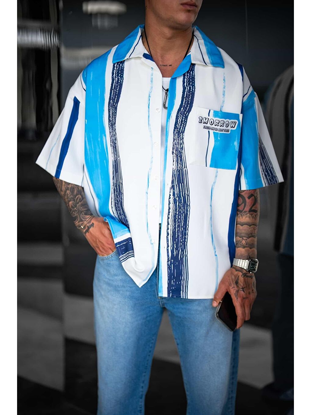 Erkek Süper Oversize Desenli Kısa Kollu Gömlek Mavi