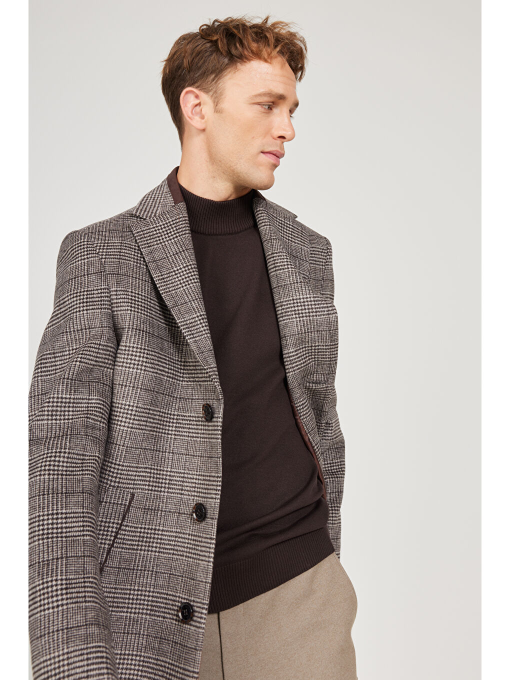 Erkek Kahverengi Standart Fit Normal Kesim Mono Yaka Desenli Yünlü Palto-2