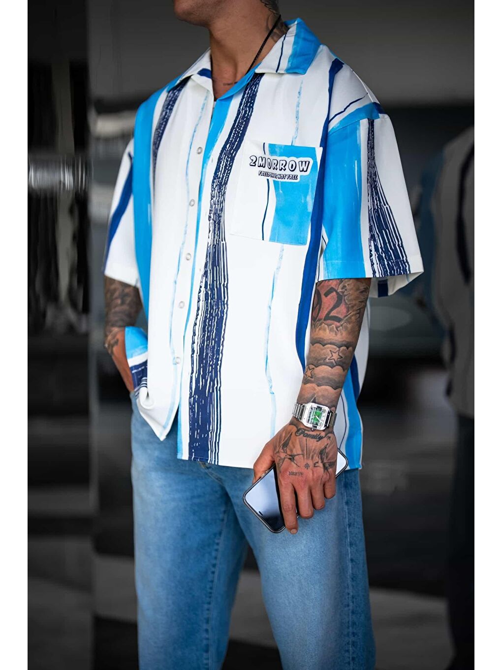 Erkek Süper Oversize Desenli Kısa Kollu Gömlek Mavi-2