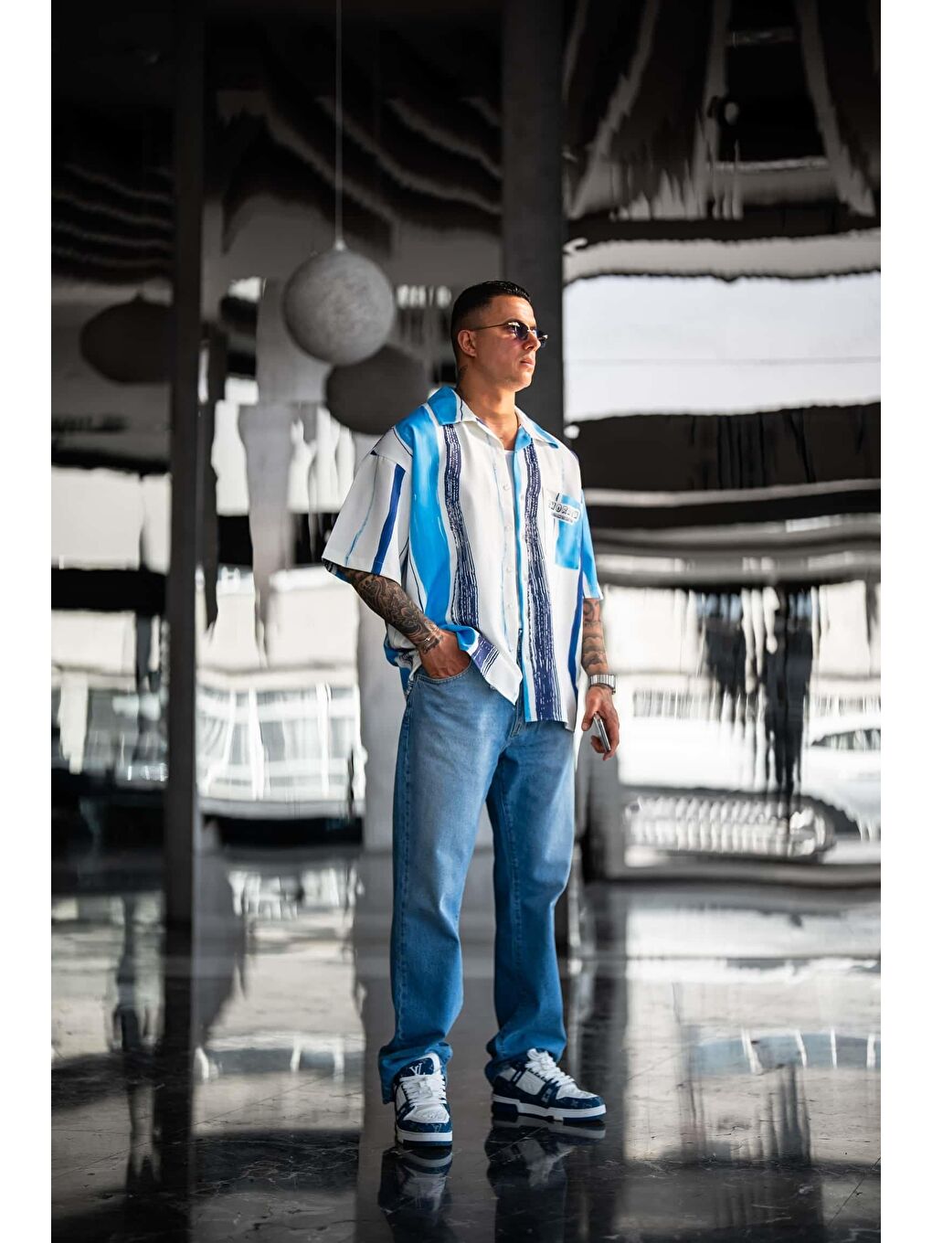 Erkek Süper Oversize Desenli Kısa Kollu Gömlek Mavi-3