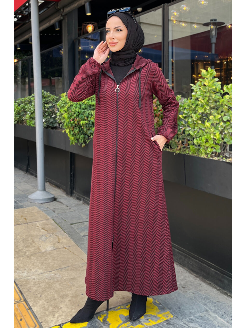 Zikzak Desenli Fermuarlı Jakar Kap Bordo - 27813-BORDO-2