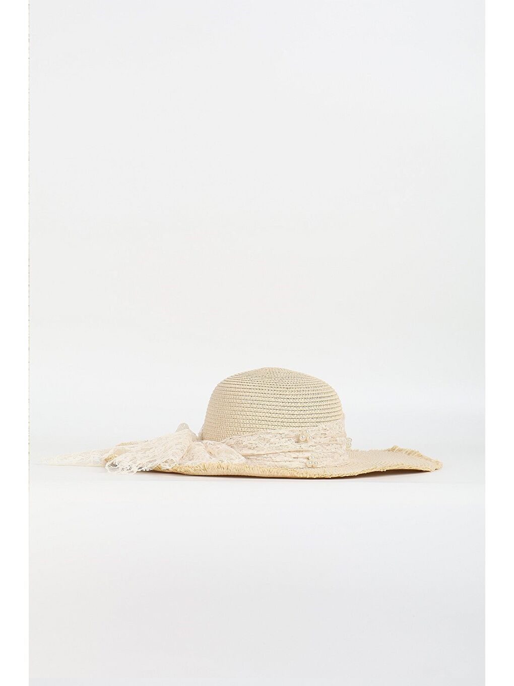 Ekru Kurdele Detaylı Krem Renk Hasır Plaj Şapkası 19056