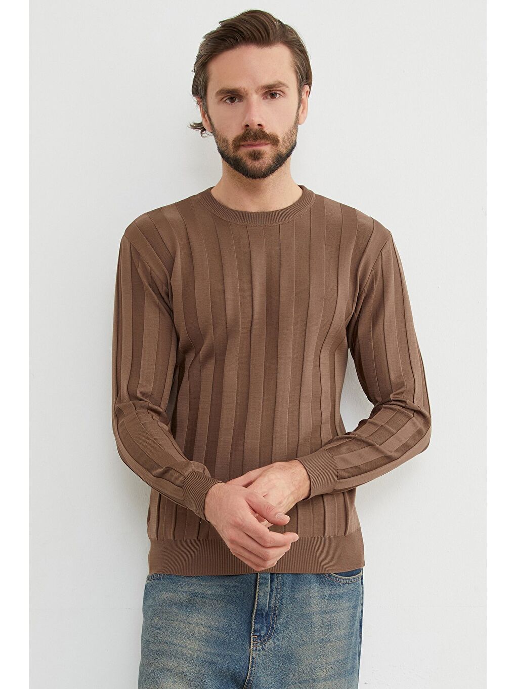 Kahverengi Şeritli Bisiklet Yaka İnce Triko Kazak