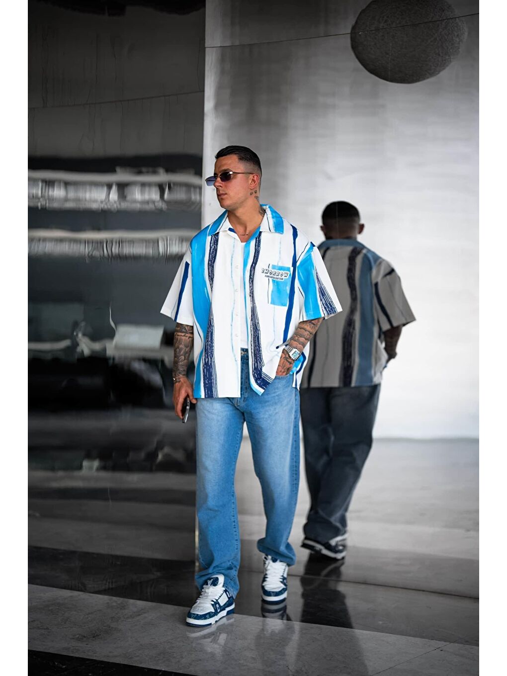 Erkek Süper Oversize Desenli Kısa Kollu Gömlek Mavi-4