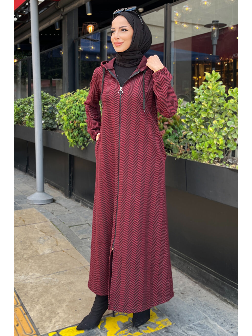 Zikzak Desenli Fermuarlı Jakar Kap Bordo - 27813-BORDO-3