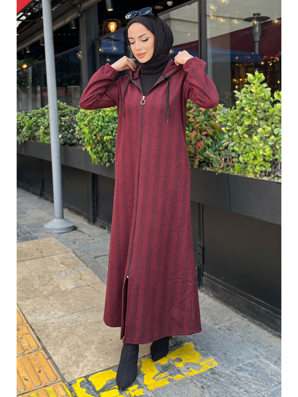 Zikzak Desenli Fermuarlı Jakar Kap Bordo - 27813-BORDO-4