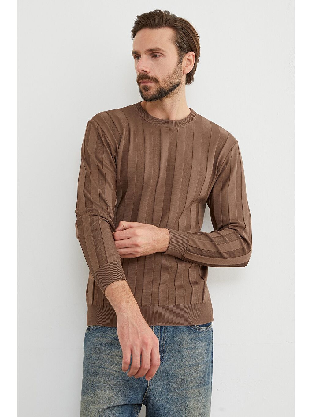 Kahverengi Şeritli Bisiklet Yaka İnce Triko Kazak-2