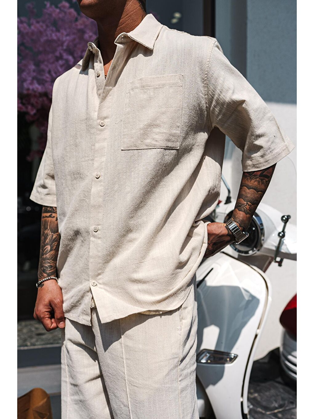 Erkek Kısa Kollu Yıkamalı Oversize Gömlek Bej