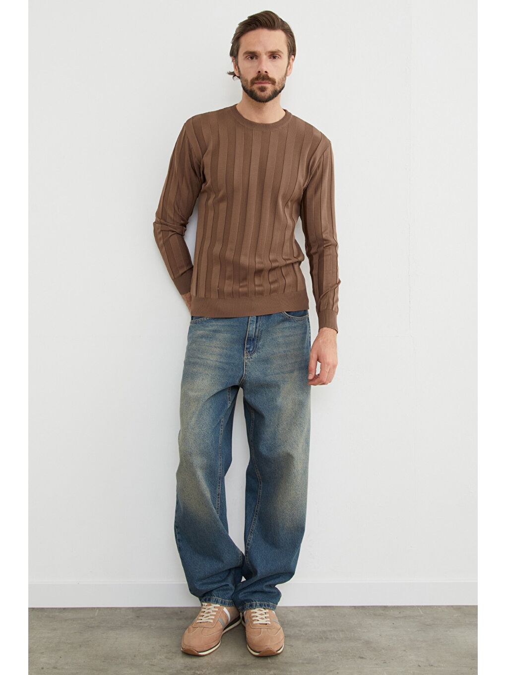 Kahverengi Şeritli Bisiklet Yaka İnce Triko Kazak-3