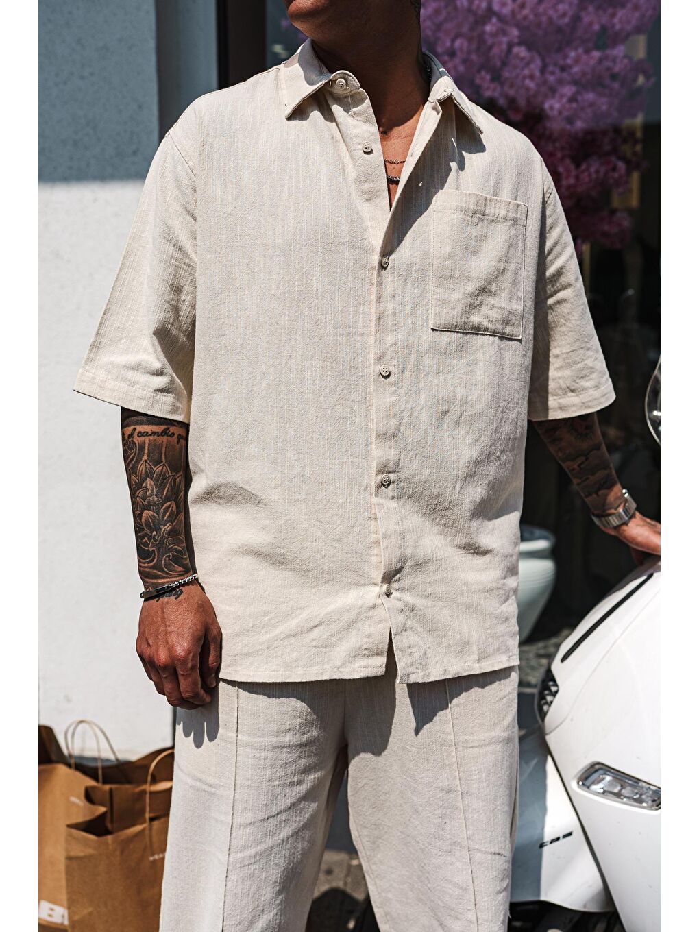 Erkek Kısa Kollu Yıkamalı Oversize Gömlek Bej-1