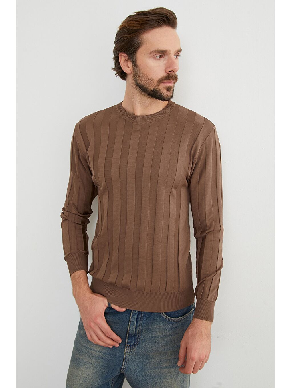 Kahverengi Şeritli Bisiklet Yaka İnce Triko Kazak-4