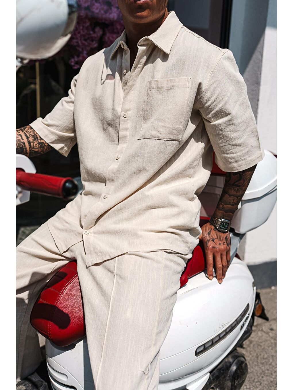 Erkek Kısa Kollu Yıkamalı Oversize Gömlek Bej-2