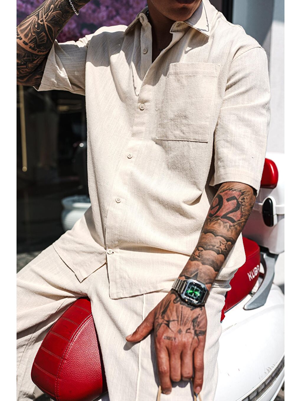 Erkek Kısa Kollu Yıkamalı Oversize Gömlek Bej-3