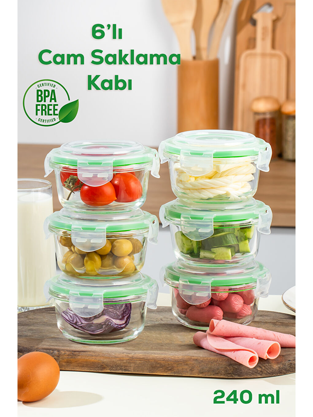 Porsima Şeffaf 6'lı Sızdırmaz Kilit Kapaklı Yiyecek Erzak Saklama Kabı Seti - Cam Saklama Kabı - 240 ml- YEŞİL