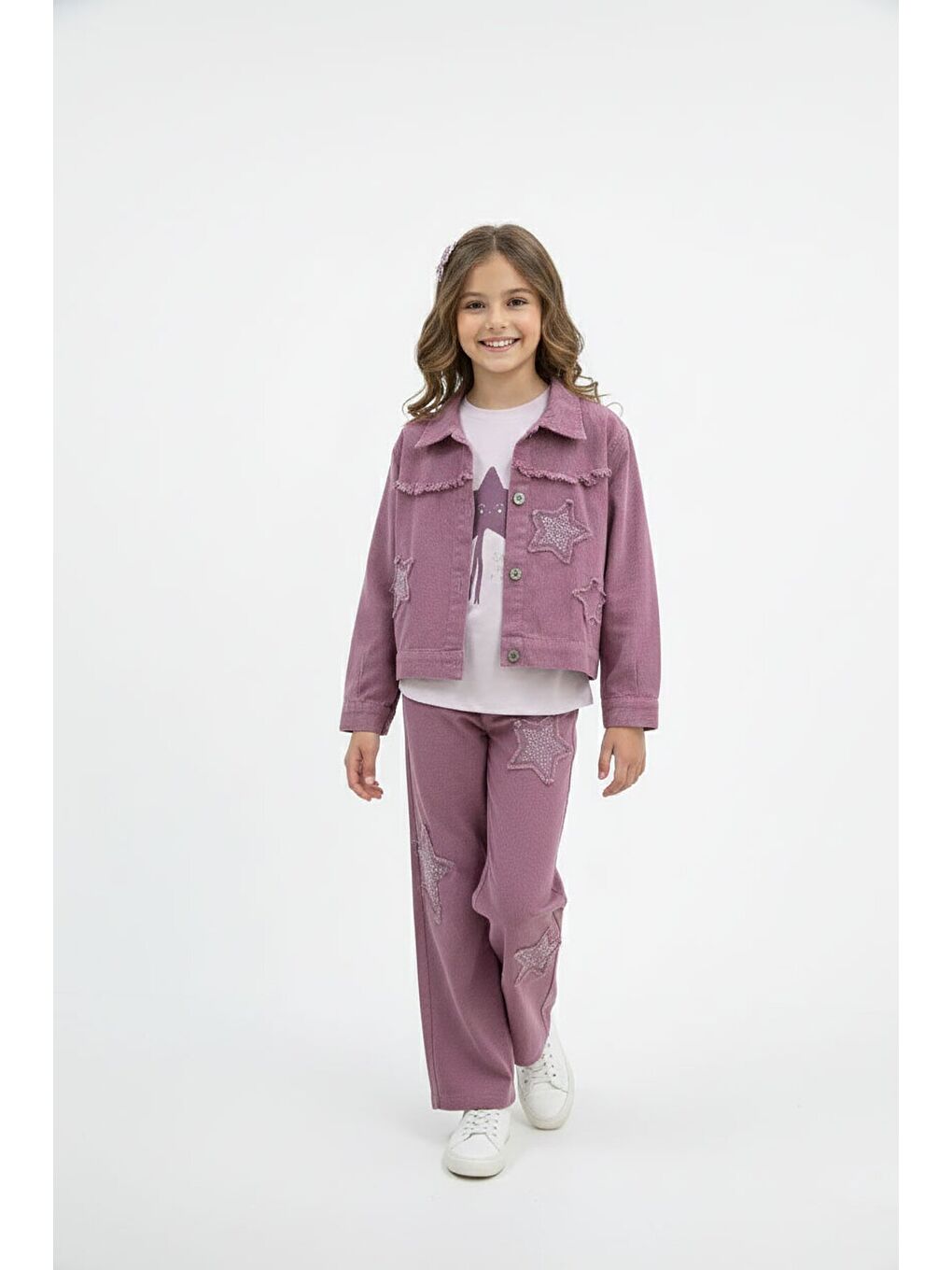 Pembe Gül Kurusu Taşlı Yıldız Nakışlı Jean Ceketli 3lü Pantolonlu Kız Takım 23439