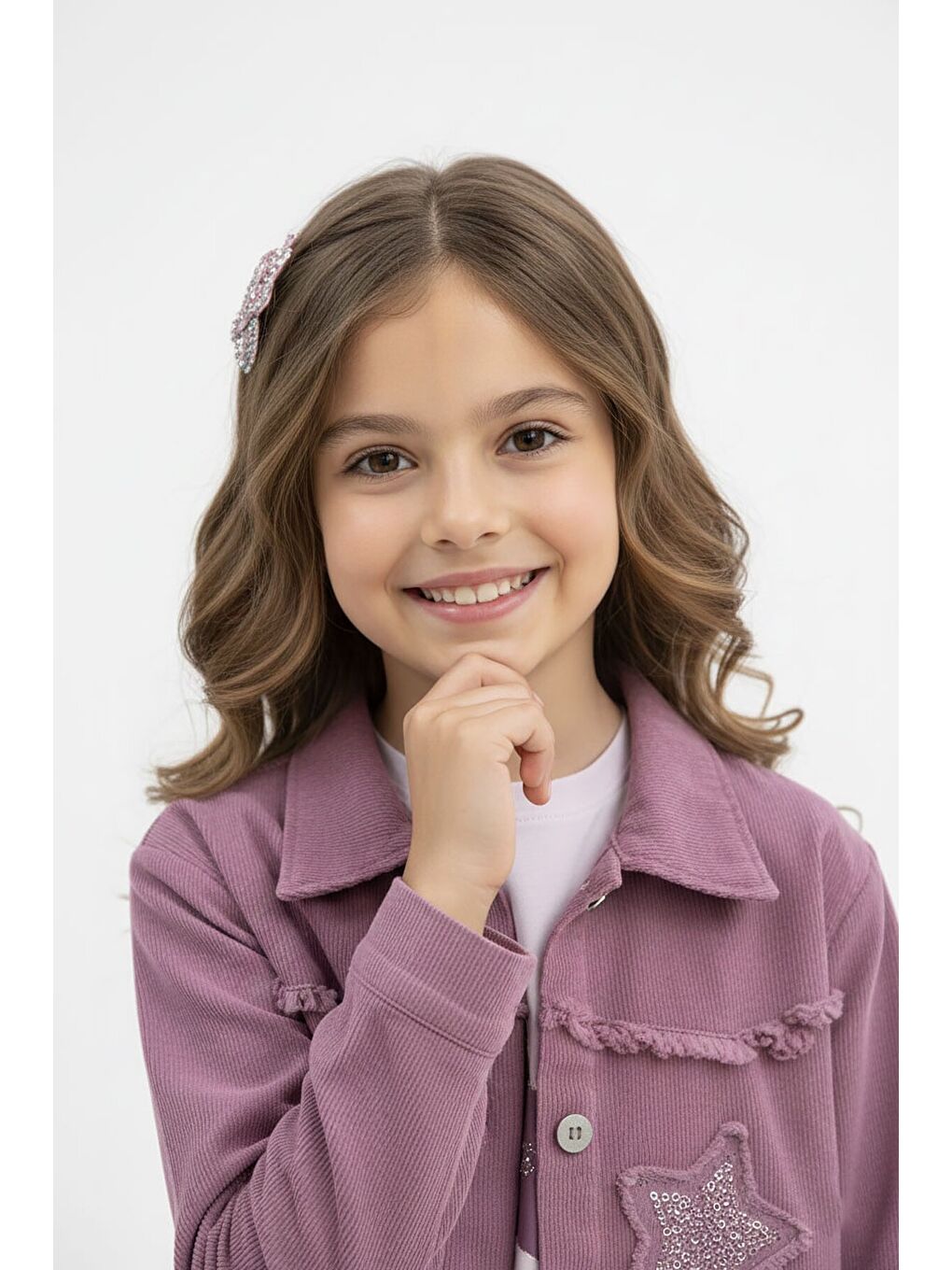 Pembe Gül Kurusu Taşlı Yıldız Nakışlı Jean Ceketli 3lü Pantolonlu Kız Takım 23439-1