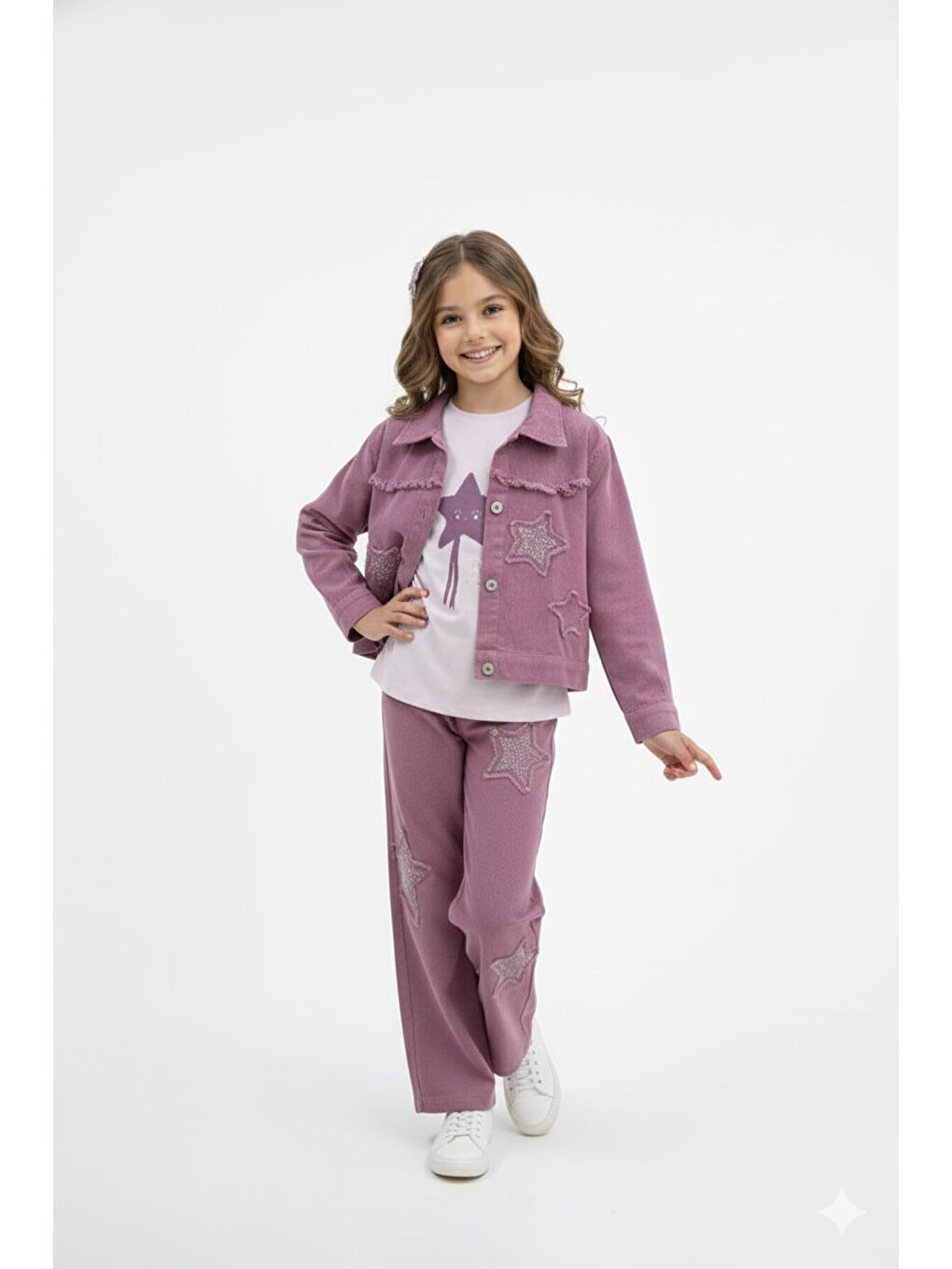 Pembe Gül Kurusu Taşlı Yıldız Nakışlı Jean Ceketli 3lü Pantolonlu Kız Takım 23439-2