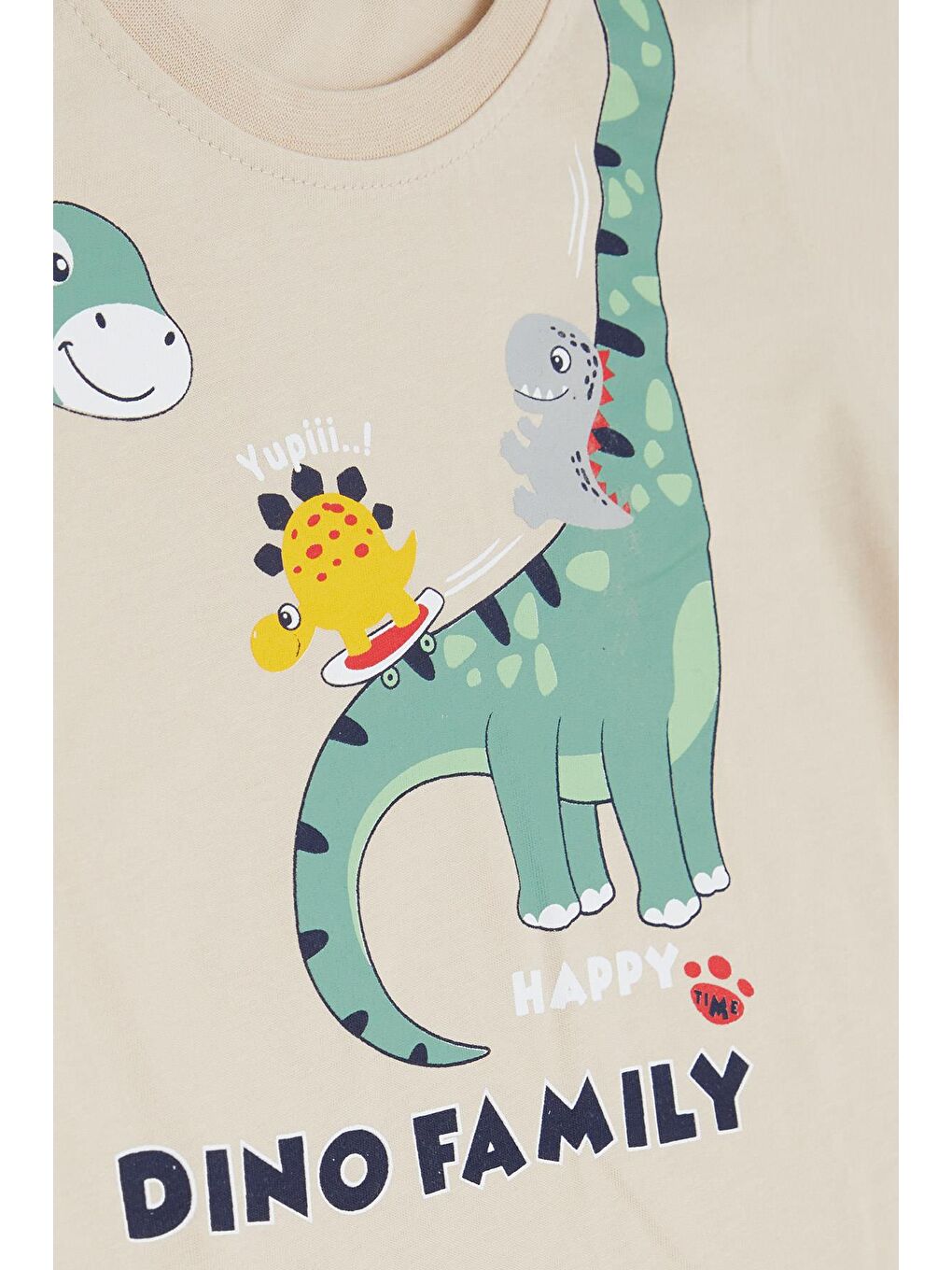 Erkek Çocuk Şortlu Takım Mutlu Dinozor Aile Baskılı Bej (1-4 Yaş)-5